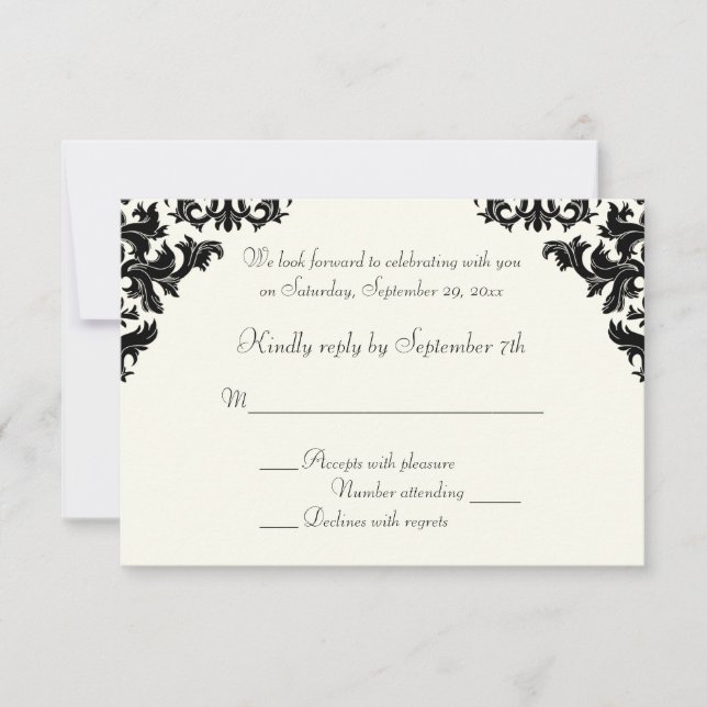 Tarjeta RSVP de Damask en negro e marfil (Anverso)