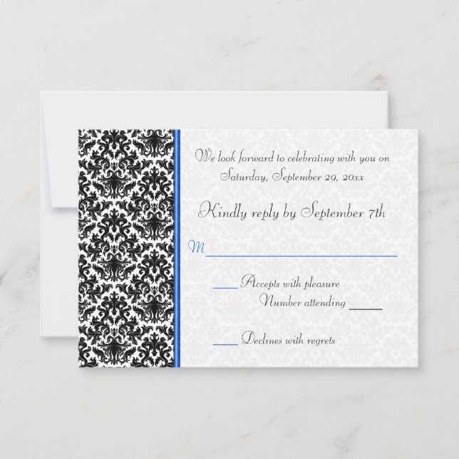 Tarjeta RSVP de Damask negro, blanco y azul (Anverso)