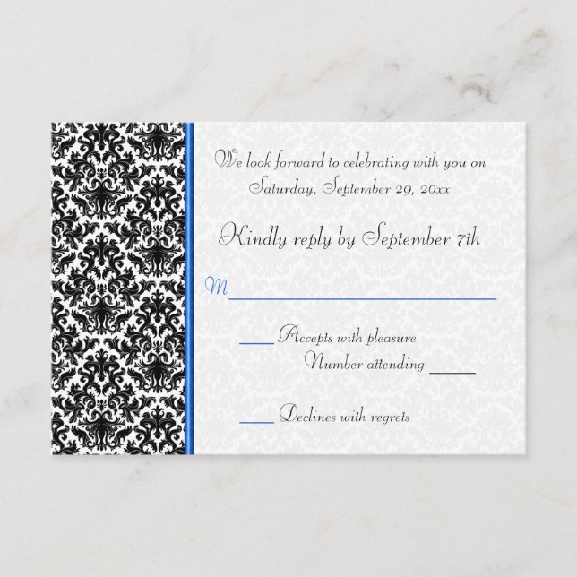 Tarjeta RSVP de Damask negro, blanco y azul (Anverso)