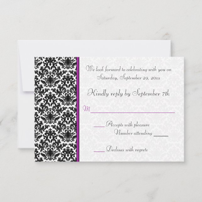 Tarjeta RSVP de Damask negro, blanco y púrpura (Anverso)