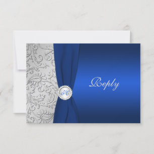 Tarjeta RSVP de Damask plateado de la Marina RIBBO
