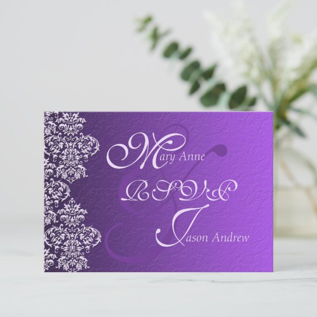 Tarjeta RSVP de Damask Royal Purple Wedding (Anverso de pie)