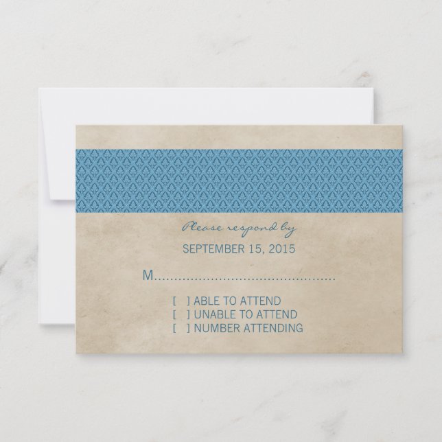 Tarjeta RSVP de Damask Rustic Azul (Anverso)