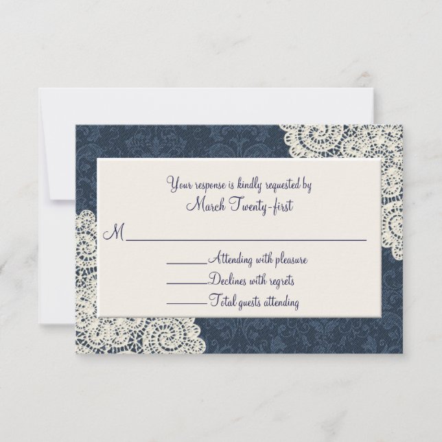 Tarjeta RSVP de Denim Damask y Marfil Wedding (Anverso)