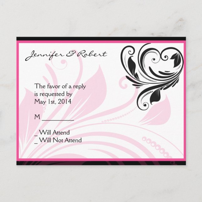 Tarjeta RSVP de desplazamiento floral rosa negro y (Anverso)