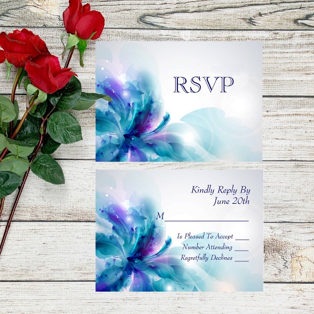 Tarjeta RSVP de diseño floral azul y púrpura (Subido por el creador)