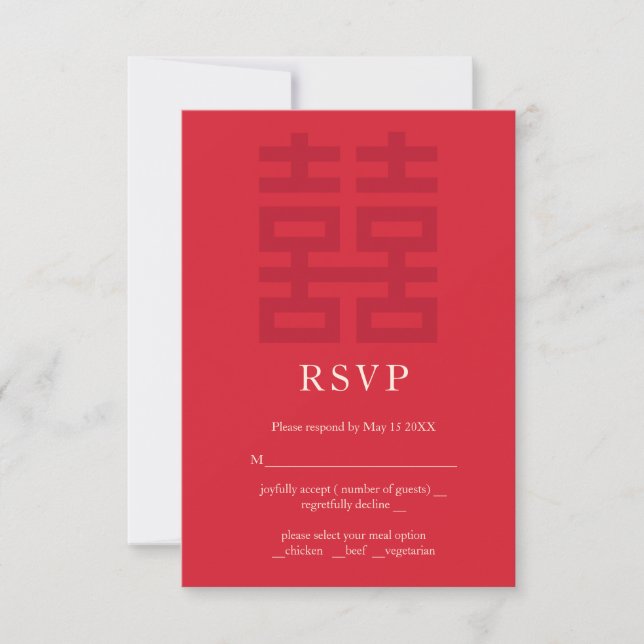 Tarjeta RSVP de doble suerte de boda china (Anverso)