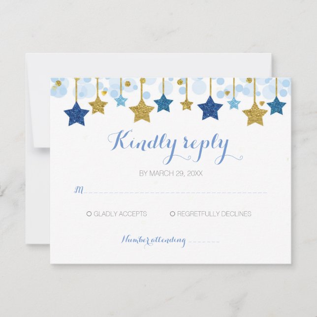 Tarjeta RSVP de doble trazo Blue & Gold Stars (Anverso)