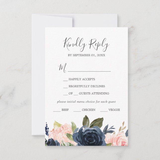 Tarjeta RSVP de elección de menú blanco para flore (Anverso)