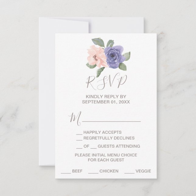 Tarjeta RSVP de elección de menú de flores moradas (Anverso)