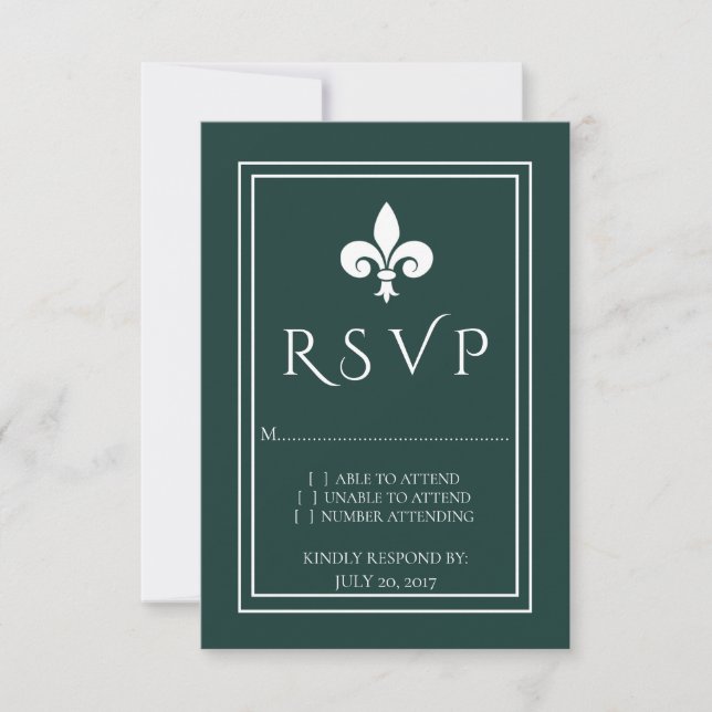 Tarjeta RSVP de Emerald Green Fleur de Lis Wedding (Anverso)