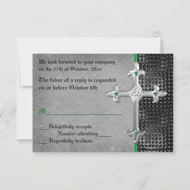 Tarjeta RSVP de Emerald Medieval Celtic Cross (Anverso)