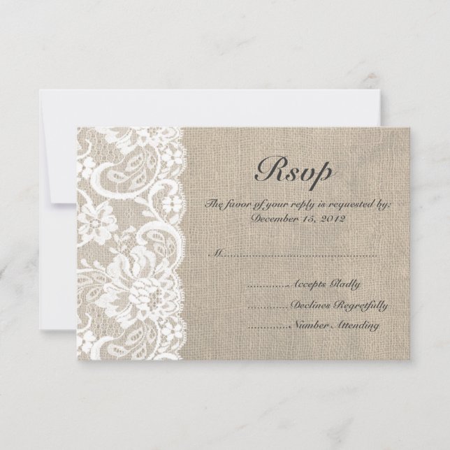 Tarjeta RSVP de encaje blanco y bodas de bodas de  (Anverso)