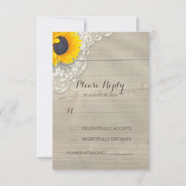 Tarjeta RSVP de Encaje y Boda Rústica de Girasol (Anverso)