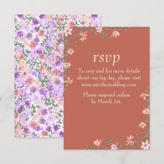 Tarjeta RSVP de Engranaje Floral, Boda Lilac y Bod (Anverso / Reverso)