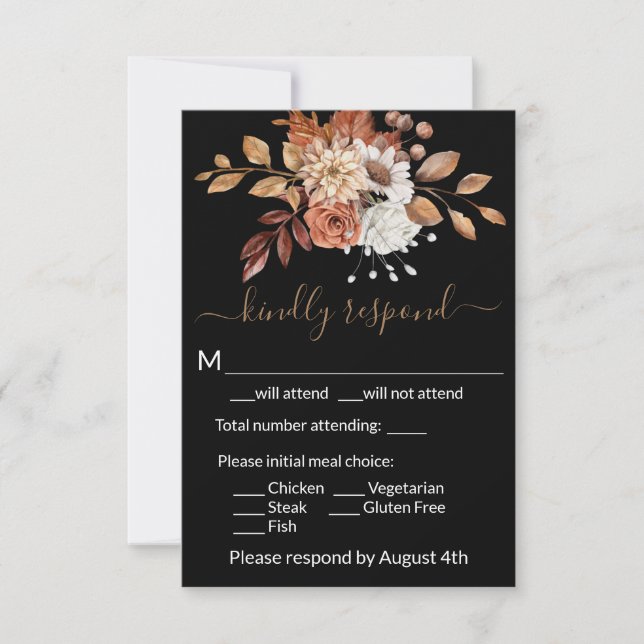 Tarjeta RSVP de envoltorio negro floral de otoño (Anverso)