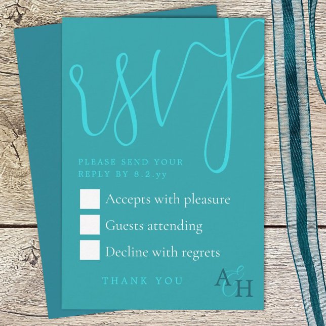 Tarjeta RSVP de escritura de caligrafía verde azul (teal green wedding rsvp enclosure card with elegant script calligraphy, return response card)