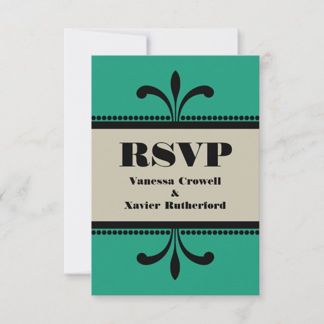 Tarjeta RSVP de estilo Art Deco Verde/Beige (Anverso)