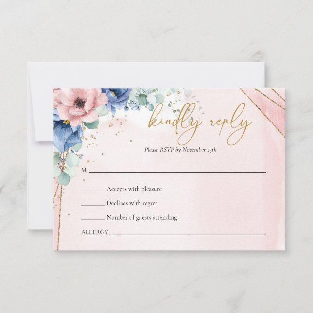 Tarjeta rsvp de eucalipto rosa y azul floral (Anverso)