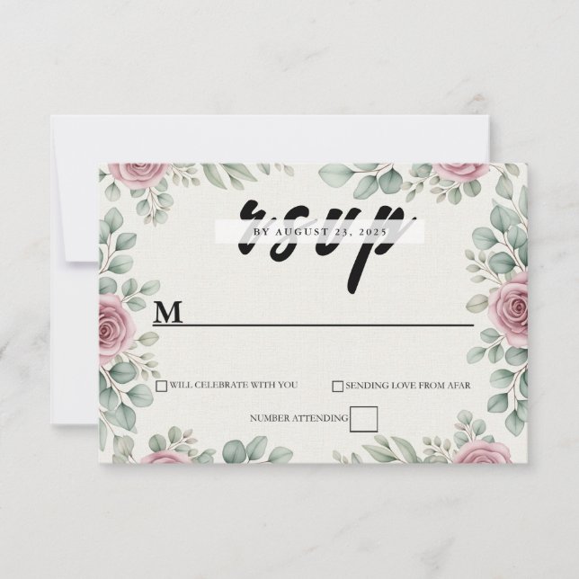 Tarjeta RSVP de Eucalipto y Boda Rosa Rusa (Anverso)