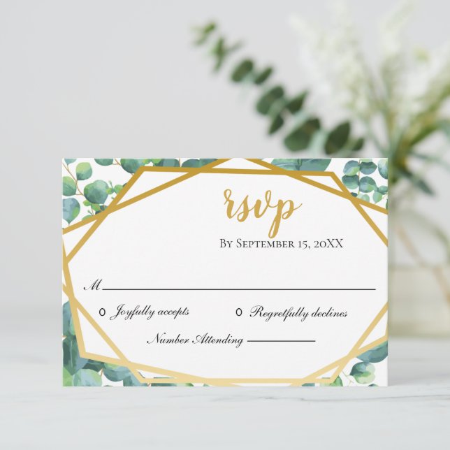 Tarjeta RSVP de Eucalyptus Gold Rustic Wedtic Wedt (Anverso de pie)
