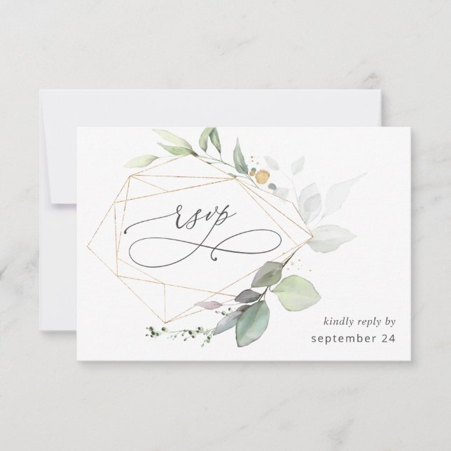 Tarjeta RSVP de Eucalyptus Light Glow Gold con Com (Anverso)