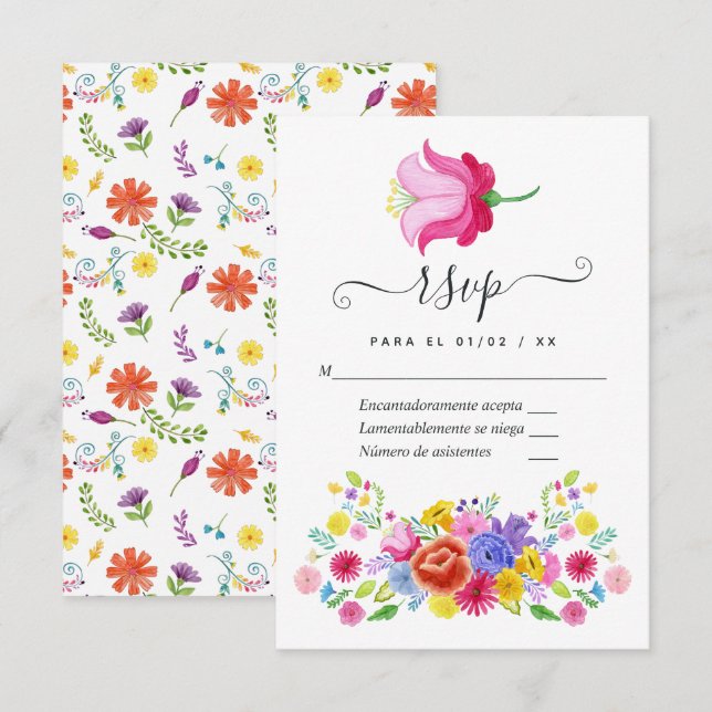 Tarjeta RSVP de Fiesta floral española acuarela (Anverso / Reverso)