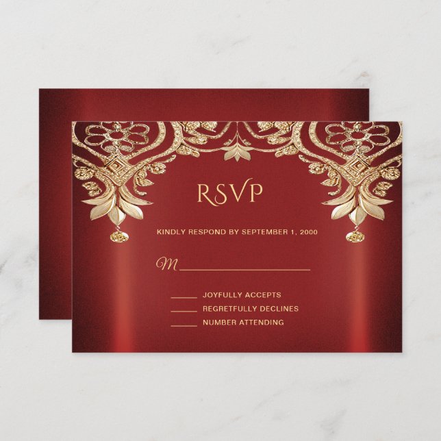 Tarjeta RSVP de flor rojo dorado moderno (Anverso / Reverso)