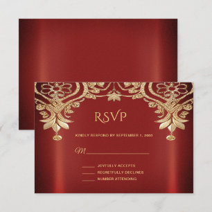 Tarjeta RSVP de flor rojo dorado moderno