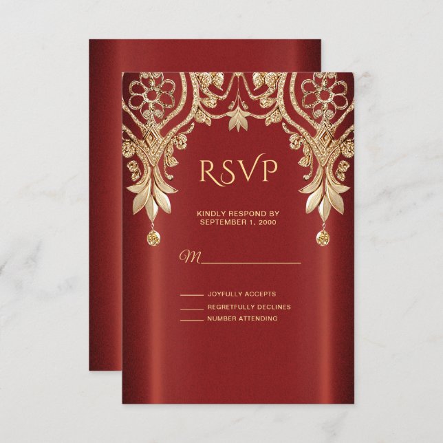 Tarjeta RSVP de flor rojo dorado moderno (Anverso / Reverso)
