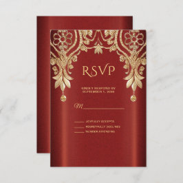 Tarjeta RSVP de flor rojo dorado moderno