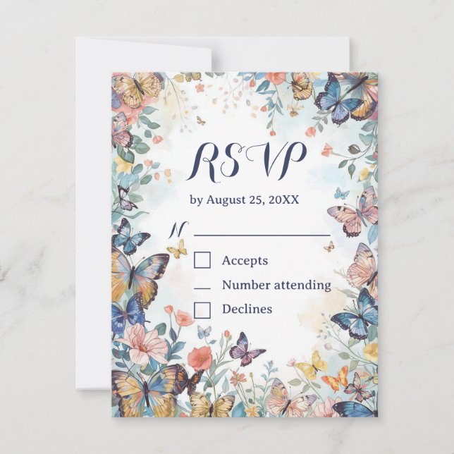 Tarjeta RSVP de Flor Silvestre y Mariposa Pastel c (Anverso)
