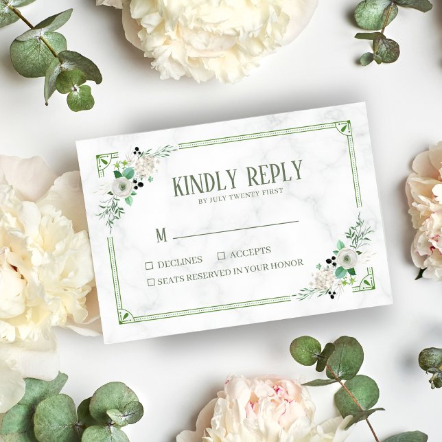 Tarjeta RSVP de Flor Verde y Boda de Mármol Blanco (Subido por el creador)