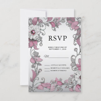 Tarjeta RSVP de floración blanca rosada plateada