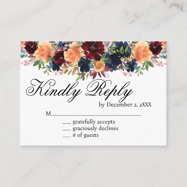 Tarjeta RSVP de Floral Azul de la Marina Borgoña d (Anverso)
