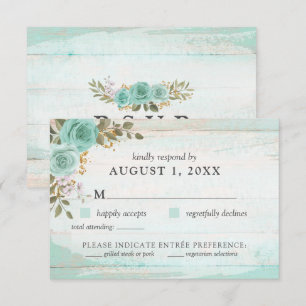 Tarjeta RSVP de Floral de Madera Rústica Turquesa 