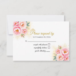 Tarjeta RSVP de Floral rosa y Quinceañera dorada