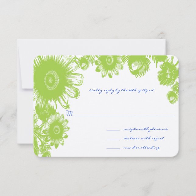 Tarjeta RSVP de Floral Verde y Boda Azul Lapis (Anverso)