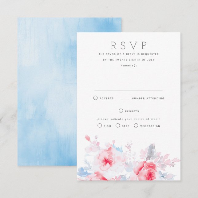 Tarjeta RSVP de Flores Azules Rusty Azul Dusty sua (Anverso / Reverso)