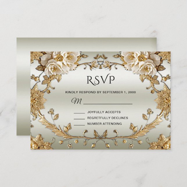 Tarjeta RSVP de Flores Blancas Ornadas Doradas (Anverso / Reverso)