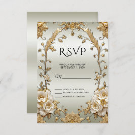 Tarjeta RSVP de Flores Blancas Ornadas Doradas