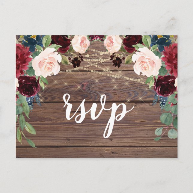 Tarjeta RSVP de Flores de Borgoña de Madera Rústic (Anverso)