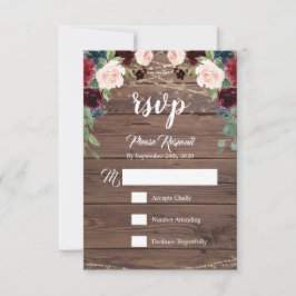 Tarjeta RSVP de Flores de Borgoña de Madera Rústic