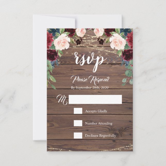 Tarjeta RSVP de Flores de Borgoña de Madera Rústic (Anverso)