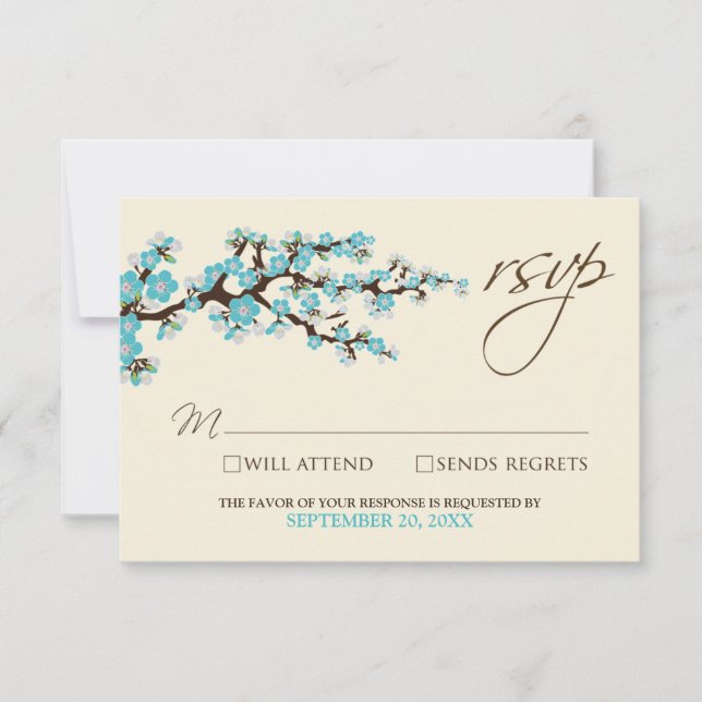 Tarjeta RSVP de flores de cerezo (aqua) (Anverso)