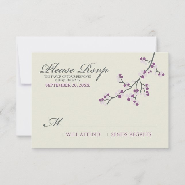 Tarjeta RSVP de flores de cerezo (púrpura/gris) (Anverso)
