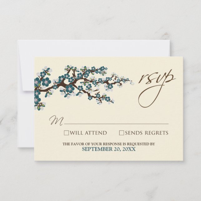 Tarjeta RSVP de flores de cerezo (verde azulada) (Anverso)
