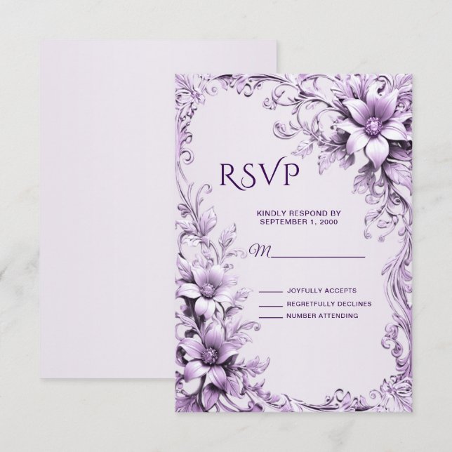 Tarjeta RSVP de flores púrpura de estilo (Anverso / Reverso)
