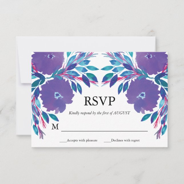 Tarjeta RSVP de flores púrpura pintada a mano (Anverso)