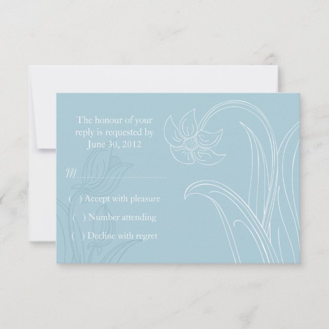 Tarjeta RSVP de Flores y hojas azules y blancas (Anverso)